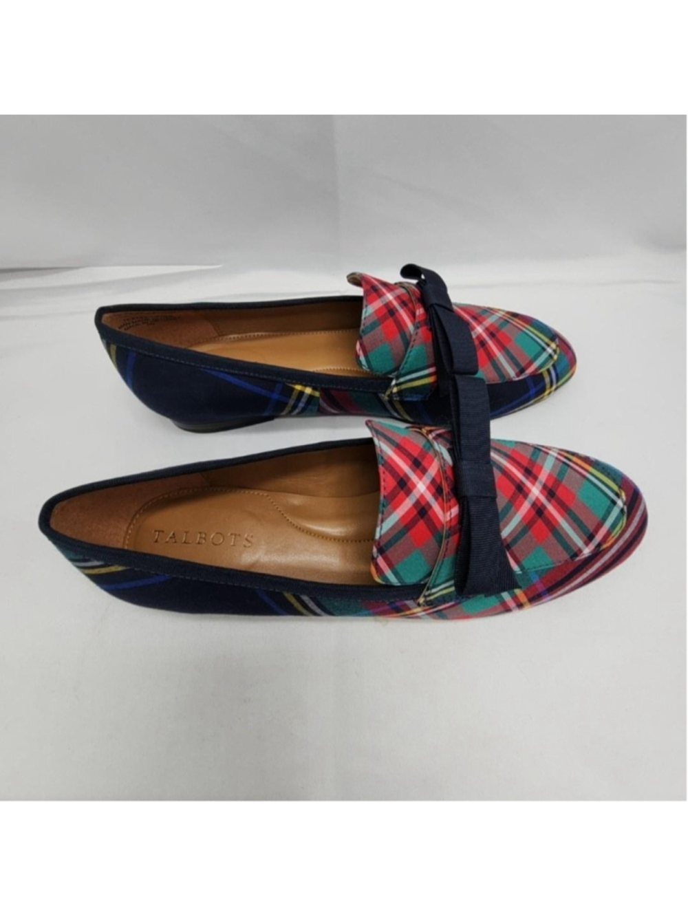 Talbots Shoes Womens 7 Multicolor Plaid Bow Loafer Flats Slip On Casual Holiday